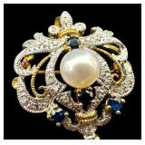14K Gold Brooch with Diamond, Sapphire and Pearl Accents 14K Gold Brooch with Diamond, Sapphire and Pearl Accents