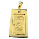 Credit Suisse 2g Fine Gold 999.9 Bar Pendant with Diamond Accent, 1985 Liberty Design Credit Suisse 2g Fine Gold 999.9 Bar Pendant with Diamond Accent, 1985 Liberty Design