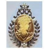 Sterling Silver Cameo Brooch Pendant with Floral Accents Sterling Silver Cameo Brooch Pendant with Floral Accents