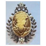 Sterling Silver Cameo Brooch Pendant with Floral Accents Sterling Silver Cameo Brooch Pendant with Floral Accents