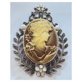 Sterling Silver Cameo Brooch Pendant with Floral Accents Sterling Silver Cameo Brooch Pendant with Floral Accents