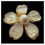 14k Gold Mother of Pearl and Pearl Flower Brooch 14k Gold Mother of Pearl and Pearl Flower Brooch
