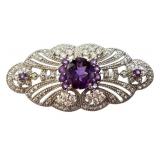 Sterling Silver Amethyst and CZ Art Deco Brooch Pin Sterling Silver Amethyst and CZ Art Deco Brooch Pin