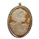 Sterling Silver 925 Carved Cameo Brooch Pendant, 1.75 Inch Sterling Silver 925 Carved Cameo Brooch Pendant, 1.75 Inch