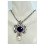 Italian Sterling Silver Pendant Necklace with Blue Center Stone, Pearls and Gem Accents, 18 Inch Chain Italian Sterling Silver Pendant Necklace with Blue Center Stone, Pearls and Gem Accents, 18 Inch Chain