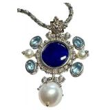 Italian Sterling Silver Pendant Necklace with Blue Center Stone, Pearls and Gem Accents, 18 Inch Chain Italian Sterling Silver Pendant Necklace with Blue Center Stone, Pearls and Gem Accents, 18 Inch Chain
