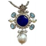 Italian Sterling Silver Pendant Necklace with Blue Center Stone, Pearls and Gem Accents, 18 Inch Chain Italian Sterling Silver Pendant Necklace with Blue Center Stone, Pearls and Gem Accents, 18 Inch Chain