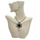 Italian Sterling Silver Pendant Necklace with Blue Center Stone, Pearls and Gem Accents, 18 Inch Chain Italian Sterling Silver Pendant Necklace with Blue Center Stone, Pearls and Gem Accents, 18 Inch Chain