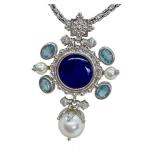 Italian Sterling Silver Pendant Necklace with Blue Center Stone, Pearls and Gem Accents, 18 Inch Chain Italian Sterling Silver Pendant Necklace with Blue Center Stone, Pearls and Gem Accents, 18 Inch Chain