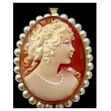 14k Italian Cameo Brooch Pendant with Pearls 14k Italian Cameo Brooch Pendant with Pearls