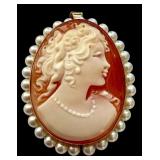 14k Italian Cameo Brooch Pendant with Pearls 14k Italian Cameo Brooch Pendant with Pearls