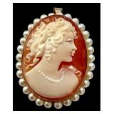 14k Italian Cameo Brooch Pendant with Pearls 14k Italian Cameo Brooch Pendant with Pearls