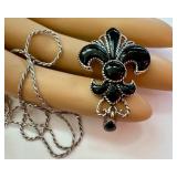 Sterling Silver 17in Chain with Fleur-de-Lis Black Pendant Sterling Silver 17in Chain with Fleur-de-Lis Black Pendant