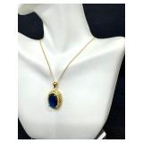 Sterling Silver Blue Oval Pendant Necklace with Adjustable Chain Sterling Silver Blue Oval Pendant Necklace with Adjustable Chain