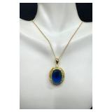 Sterling Silver Blue Oval Pendant Necklace with Adjustable Chain Sterling Silver Blue Oval Pendant Necklace with Adjustable Chain