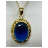 Sterling Silver Blue Oval Pendant Necklace with Adjustable Chain Sterling Silver Blue Oval Pendant Necklace with Adjustable Chain