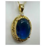 Sterling Silver Blue Oval Pendant Necklace with Adjustable Chain Sterling Silver Blue Oval Pendant Necklace with Adjustable Chain