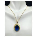 Sterling Silver Blue Oval Pendant Necklace with Adjustable Chain Sterling Silver Blue Oval Pendant Necklace with Adjustable Chain