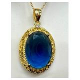 Sterling Silver Blue Oval Pendant Necklace with Adjustable Chain Sterling Silver Blue Oval Pendant Necklace with Adjustable Chain