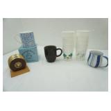 Stoneware Mugs, Metal Coasters (Brass?) and Cups