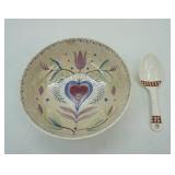 Vintage Stoneware Pennsylvania Dutch Style Bowl & Ceramic Spoon