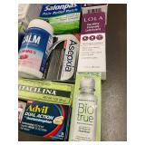 Assorted Health and Wellness Products Including Supplements, Pain Relief, and Personal Care