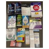Health and Personal Care Lot with Supplements, Sunscreen, Eye Drops, and Skincare