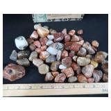 POLISHED AGATES PLUS VINTAGE CIGAR BOX.