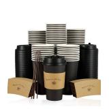 100 Litopak 16 oz Paper Coffee Cups with Lids, Sleeves, and Stirrers - Brand New