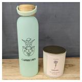 Teal Capricorn Glass Water Bottle and January Carnation Soy Candle - Brand New