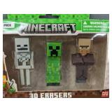3 Minecraft 3D Erasers: Creeper, Skeleton, Villager - Brand New
