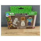 Minecraft 3D Erasers 3-Pack: Wolf, Snow Golem, Steve - Brand New