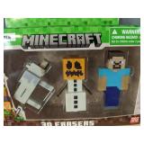 Minecraft 3D Erasers 3-Pack: Wolf, Snow Golem, Steve - Brand New