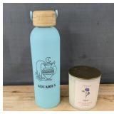 Teal Aquarius Glass Water Bottle & February Violet Soy Candle - Brand New