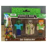 Minecraft 3D Erasers 3-Pack: Zombie, Iron Golem, and Alex - Brand New