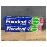 2 Fixodent Adhesive Creams, 40 Poligrip Strips, and Oral-B Gum Care Toothbrush - Brand New