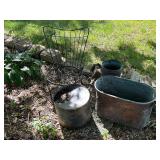 Vintage Metal Wire Chair and Rustic Metal Tubs with Wooden Barrel