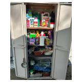 Outdoor Storage Cabinet with Contents and Decorative Birdcage