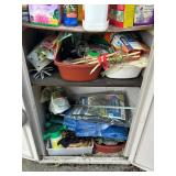 Outdoor Storage Cabinet with Contents and Decorative Birdcage