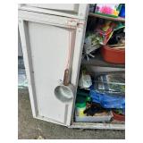 Outdoor Storage Cabinet with Contents and Decorative Birdcage