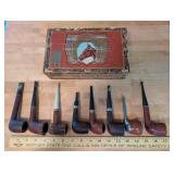Vintage Smoking Pipe Collection with Harvester Cigar Box - Set of 8