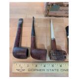 Vintage Smoking Pipe Collection with Harvester Cigar Box - Set of 8