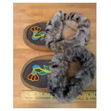 Beaded Leather Moccasin Slippers with Fur Trim