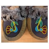 Beaded Leather Moccasin Slippers with Fur Trim