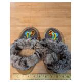 Beaded Leather Moccasin Slippers with Fur Trim