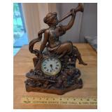 Antique Cast Metal Mantle Clock with Lady and Horn Figure
