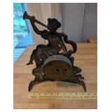 Antique Cast Metal Mantle Clock with Lady and Horn Figure