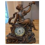 Antique Cast Metal Mantle Clock with Lady and Horn Figure