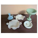 Collection of 5 Vintage Milk Glass Decorative Dishes and Candleholder