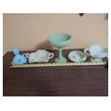 Collection of 5 Vintage Milk Glass Decorative Dishes and Candleholder